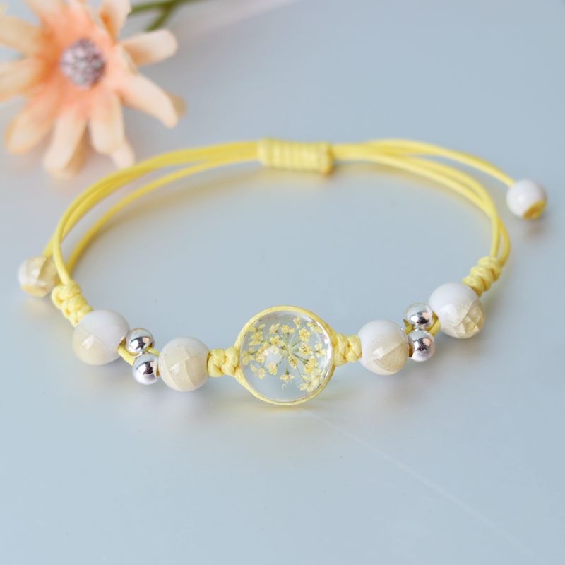 Flores secas para aliento al por mayor tira pulsera de bola de vidrio ajustable